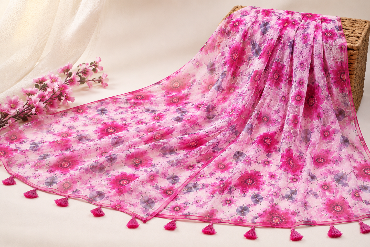 Pink Floral Printed Chiffon Dupatta with Tassels | Lightweight Women's Dupatta