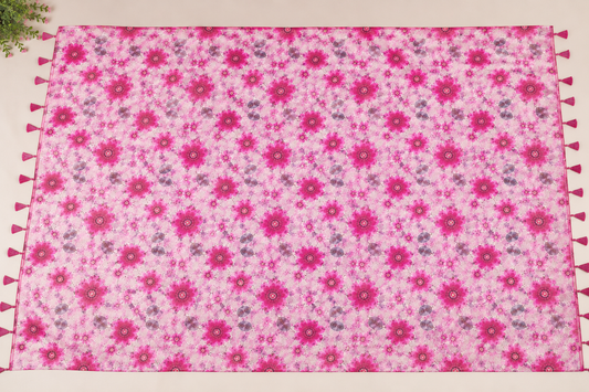 Pink Floral Printed Chiffon Dupatta with Tassels | Lightweight Women's Dupatta