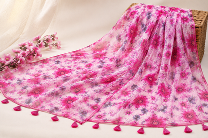 Pink Floral Printed Chiffon Dupatta with Tassels | Lightweight Women's Dupatta
