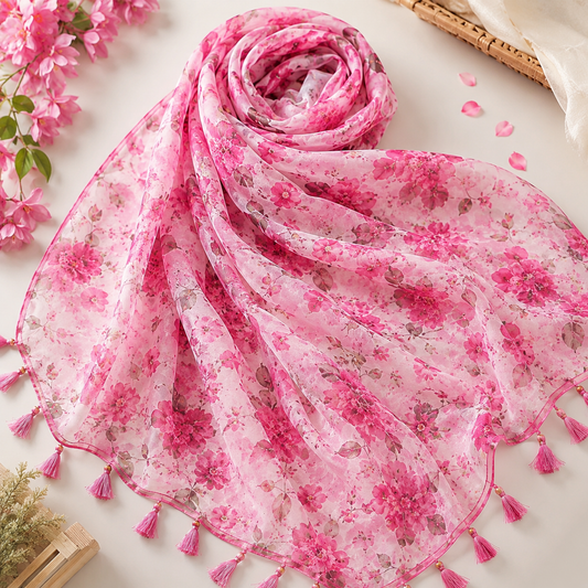 Pink Floral Printed Chiffon Dupatta with Tassels | Lightweight Women's Dupatta
